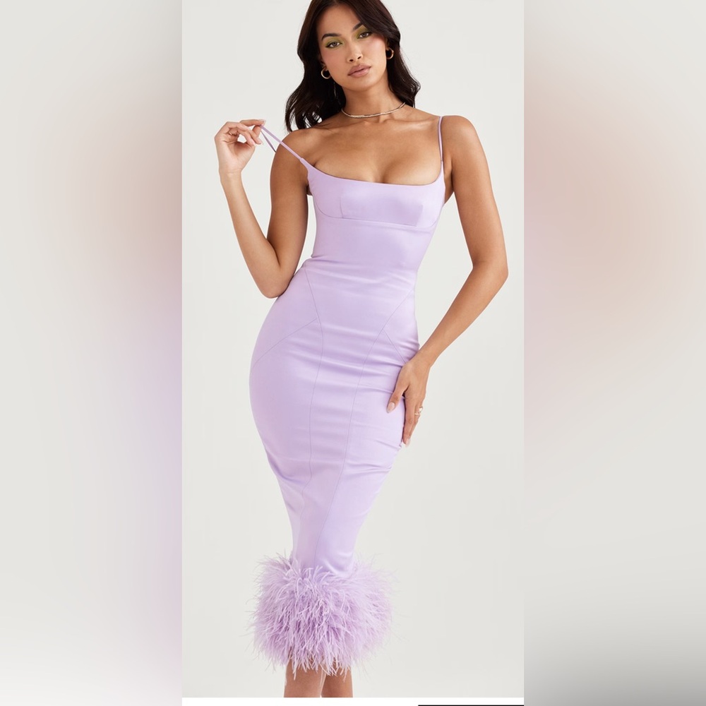 House of CB Lilac Feather-Trim Midi Dress - Picture 3 of 14